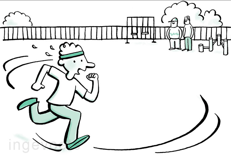 illustratie van zwartwit lijntekening voor kind, jongen met adhd rent snel over het schoolplein.