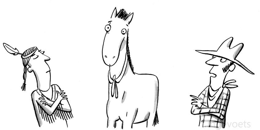 Grappige lijntekening gemaakt met oostindsche inkt, zwartwit, cartoon van paard, cowboy en indiaan.