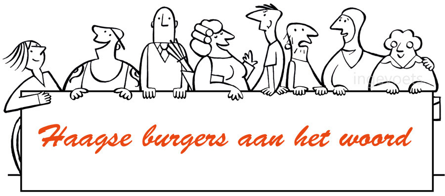 Cartoon Illustratie van zwartwit lijntekening voor folder gemeente, grote diversiteit mensen staan achter plakaat.