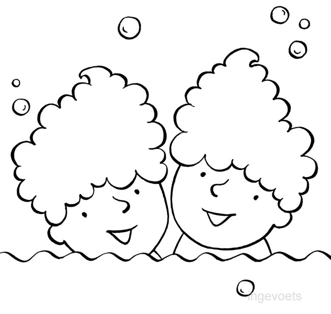 Lijntekening van kinderen zwartwit in bad hebben veel plezier en lachen.