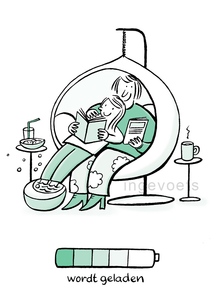 Lieve lijntekening van moeder en kind in schommelstoel knuffelend.