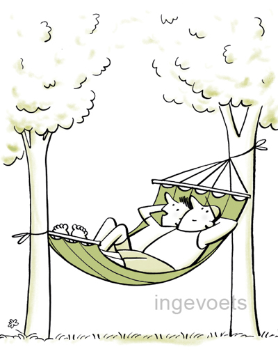 Illustratrice Inge Voets maakte deze lijntekening van vader en zoon in hangmat.