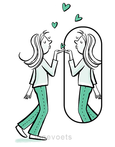 Een lieve lijntekening voor kinderboek, zacht en lief over zelfliefde, meisje kijkt in spiegel.