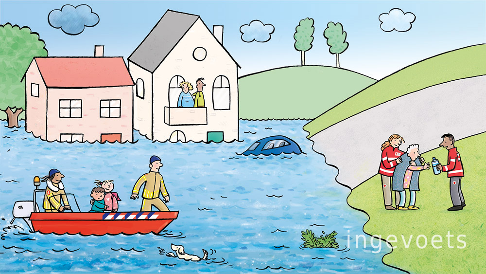 Illustratie praatpraat voor groep 1, met dit lesmateriaal van een overstroming legt het Rode Kruis uit wat zij allemaal doen.