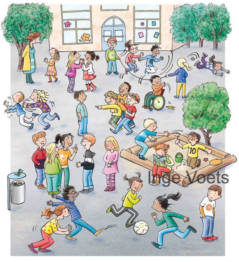 praatplaat die spelende  kinderen op het schoolplein laat zien
