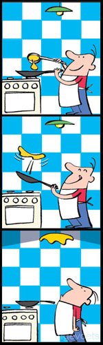 Stripje voor kinderboek. Grappige cartoon over het bakken van een pannenkoek.